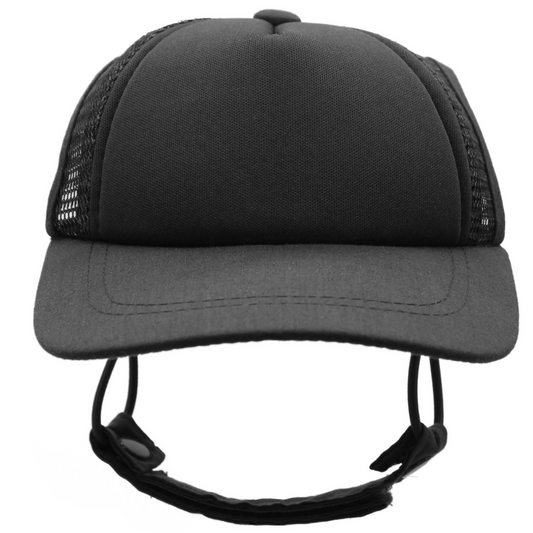 Black mesh cap with chin strap on a white background